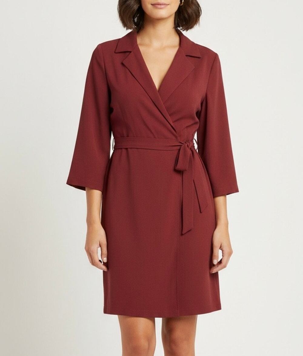 MANGO‎ MNG Suit Burgandy Wrap Mini Dress Modal Sz 4 Career Office Work